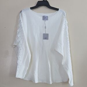 NWT Liv Milano White Rhinestone Sweater Sheer Sleeves Lace Details Plus Size 2X